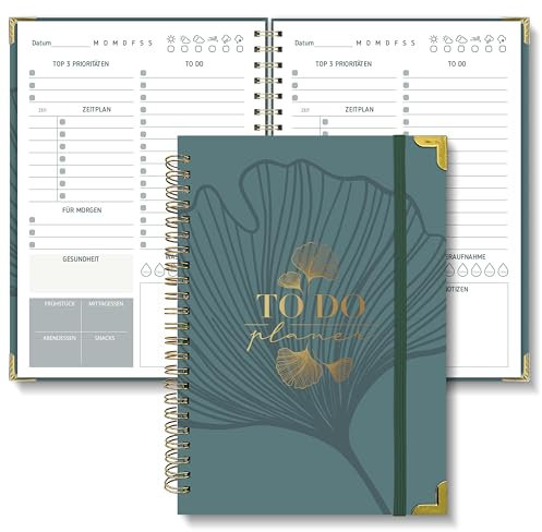 Naviful 2025 Tagesplaner undatiert, Notizbuch mit To Do Liste Terminplaner Spiralblock 120 Seiten/60 Blatt 148x210mm Notizblöcke Hard Cover Tagesplanung, für Büro Schule Organizer (Ginkgo Blatt)