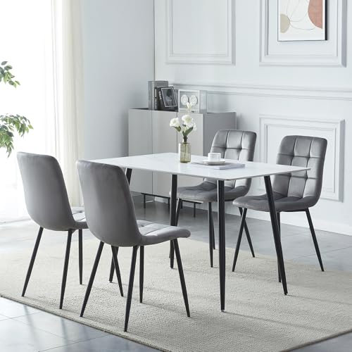 HomJoy Dining Table Set 4 Modern Rectangular Marble Effect Dinner Table with 4 Velvet Chairs for Kitchen Home (Light Grey, 120cm)
