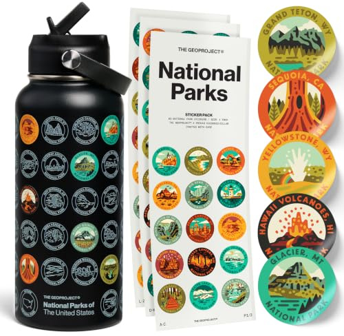 National Parks Wasserflasche mit Aufkleber-Set, Erikas Chesonis Collaboration, Abenteuerflasche mit Strohhalm, wasserdichte Aufkleber für Wasserflasche, isolierter Edelstahl, 907 ml (schwarz)