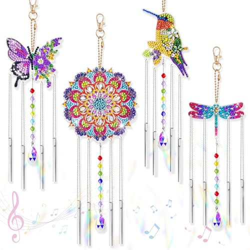LYLIDIA 4 Stück Diamond Painting Windspiel Bastelsets Diamond Painting Anhänger DIY 5D Doppelseitiges Diamant Painting Ornament für Kinder Erwachsene