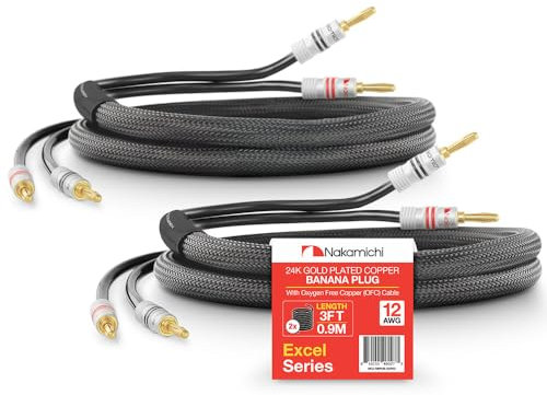Nakamichi Excel Series 24k Gold Plated Banana Plug with (3 Feet) Speaker Cable Wire 99.9% Oxygen-Free Copper (OFC) Heavy Duty Braided In-Wall CL2 Rated - Black (12AWG / 3ft / 0.9m) 2-Pack