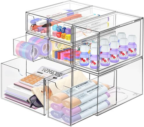 Desk Organizer with 7 Drawers, ToyaJeco 7 Packs Clear Acrylic Desktop Storage Drawers Makeup Organizer, Stackable Craft Storage Box Cabinets for Office Vanity Countertop Bathroom Bedroom