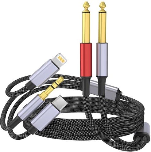 Cavo USB C 3,5 mm e Lightning a Dual 6,35 mm 1/4 TS Mono Stereo Y, cavo audio 3 in 1 Dual 1/4, compatibile con iPhone 15/14/13/12/iPad, amplificatore, altoparlante, cuffie, mixer 3 m