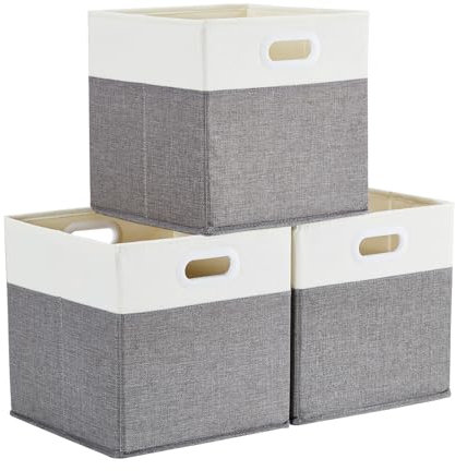 Mangata Cube Storage Boxes 25x25x25 cm, Fabric Storage Cube Baskets for Clothes Bins, Baskets, Chests,Toys (Grey/Cream White, 3Pcs)