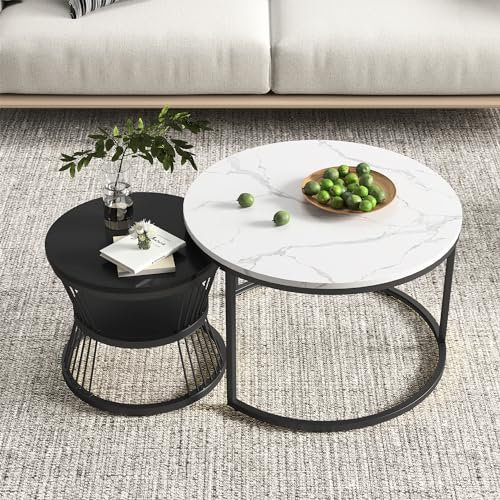 KeepGoon Nesting Couchtisch 2er Set, Wohnzimmertisch rund Marmoroptik, Couchtisch Satz Marmor Furnier Sofa Seite Nest von Tischen Runde Endtische,Beistelltisch Kaffeetisch (Schwarz+Weiß)