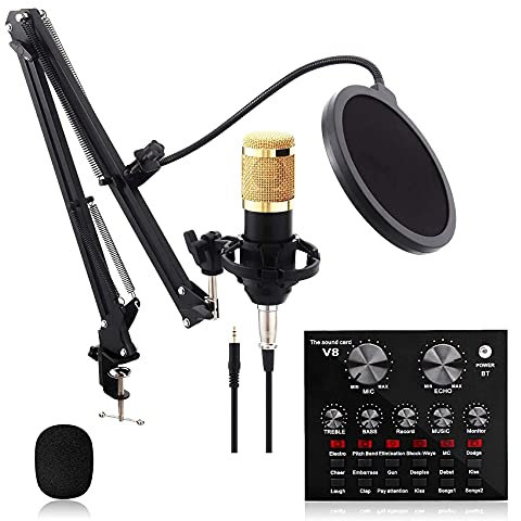 AKALNNB Paquete de micrófono de condensador V8, kit de micrófono con tarjeta de sonido en vivo, soporte de brazo de micrófono ajustable para grabación de estudio, micrófonos vocales