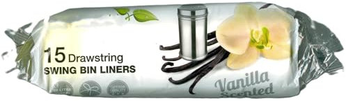 Drawstring Bin Bags 50L Bin Liners Vanila Scented Kitchen Trash Bags Tie Handle Pedal Swing Waste Bags 15pcs Strong Large Garbage Bags for Garden Office Rubbish Bin