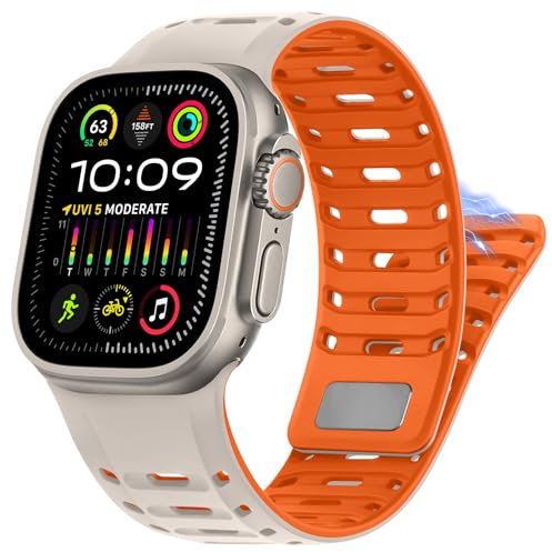 HITZEE Correa Deportiva Compatible con Correa Apple Watch 49/46/45/44/42mm, Correas Magnética de Silicona para Hombre Compatible para iWatch Ultra 2 Serie 10 9 8 7 SE 6 5 4 3, Luz Estelar/Naranja