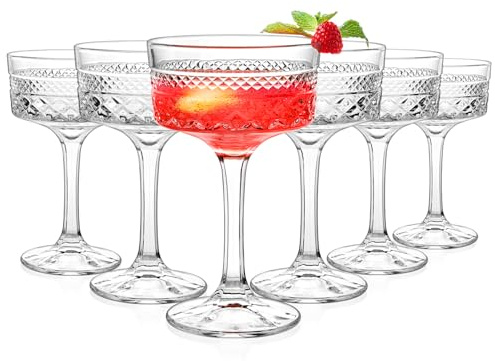 Paysky 6 Pcs Ribbed Coupe Glasses, 10 oz Vintage Cocktail Glasses, Classic Martini Glasses, Perfect for Cocktail, Wine, Champagne & Gift