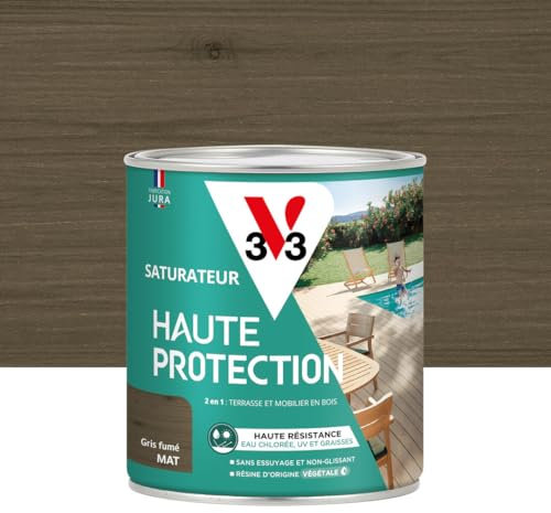 V33 Saturateur bois extérieur Gris fumé mat - Pour terrasses et mobilier de jardin - Haute résistance eau chlorée, UV et graisse - Sans essuyage et non glissant - Résine d'origine végétale - 0,75L