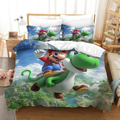 Super Mario Bettbezug Bettwäsche-Sets Kinderbettwäsche-Set Reißverschluss Mit Kissenbezug Betten Set Für Jungen Und Mädchen, Kinder Single（140x200cm）