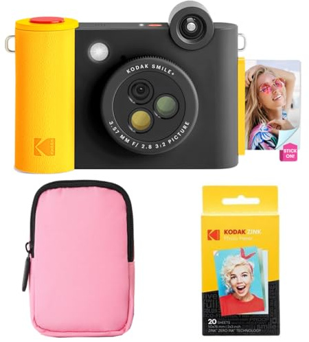 KODAK Smile+ 2-in-1 Digitale Sofortbildkamera & Bluetooth Fotodrucker Starterpaket + Weiche Tasche + Zink 20 Blatt - Schwarz