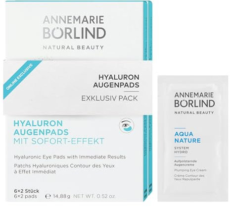 ANNEMARIE BÖRLIND Hyaluron Augenpads mit Sofort-Effekt (12 x 2 Stk.) im Exklusivpack + AQUANATURE aufpolsternde Augencreme Sachet - Gegen Erste Fältchen & Linien, Intensive Feuchtigkeitspflege