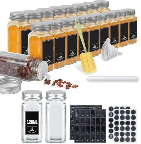 FIVMEN Gewürzgläser Eckig 120ML 24er Set Gewürzbehälter Gewürzdosen Glas mit Etiketten, Trichter, Reinigungsbürste und Aluminiumdeckel Spice Jars Gewürzstreuer Luftdichte