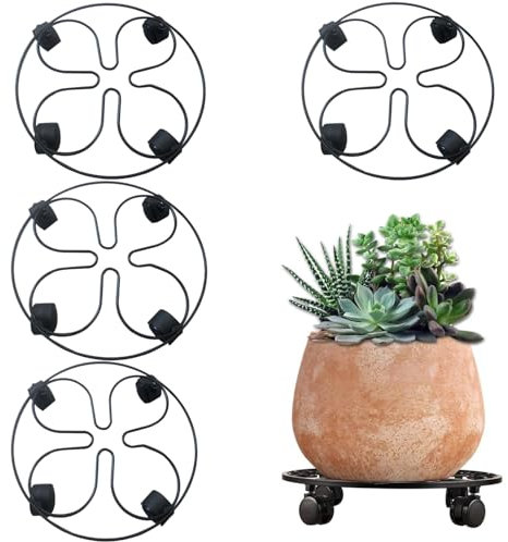 HEYOUTH Porte Plante a roulettes Ø27cm,Supports de Pots de Fleurs en métal,Plateau Roulant Capacité De 60 KG, Chariot de rempotage Mobile, pour extérieur, terrasse, intérieur et (4, Noir)