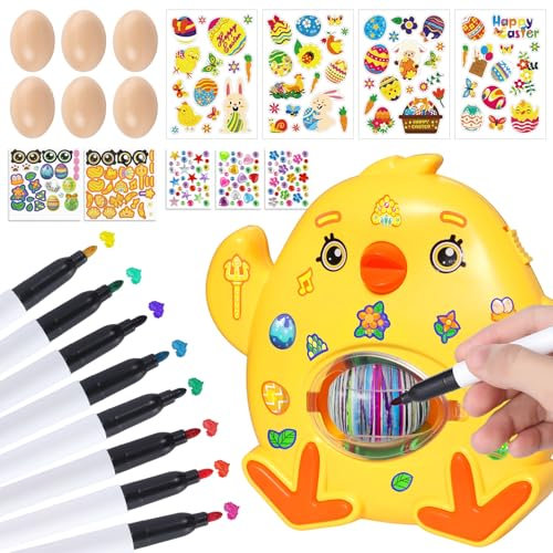 Ficlwigkis Osterei Dekorationsset,Ostereier Zum Bemalen mit Spinner DIY Osterdeko Mit 3 Sticker Packs 6 Eiern & 8 Farben Stiften Oster Geschenk Kinder für Ostern