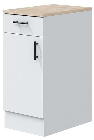 Módulo Inferior Cocina Estrecho Moderno Kira 1 Puerta 1 Cajón Blanco Brillo y Roble Canadian 40x90x60 cm