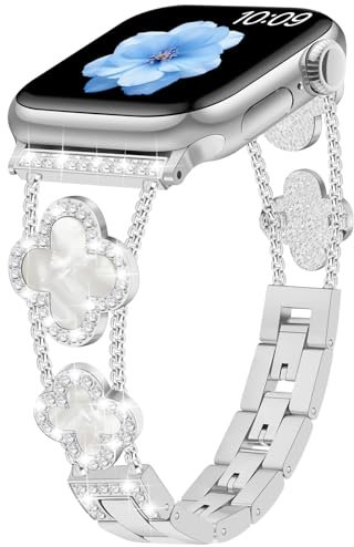 Sixmoat Straps Compatible with Apple Watch Strap for Women 38mm 40mm 41mm 42mm 44mm 45mm 46mm 49mm,Bling Bracelet Designer Dressy Clover for iWatch Band Series Ultra SE 11 10 9 8 7 6 5 4 3 (Silver)