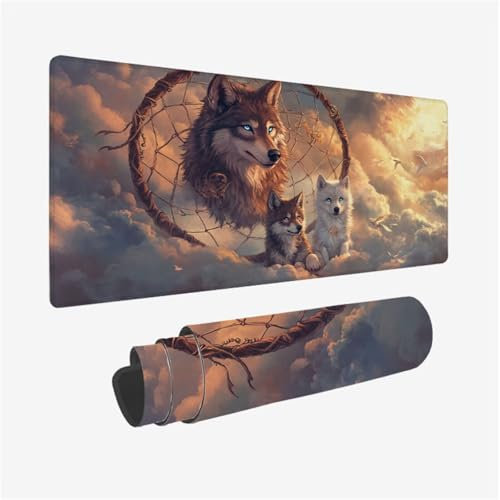 Tapis de Souris XXL 1400 x 600 x 3mm, Loup Tapis de Souris Attrape-RêVes Pattern avec Base en Caoutchouc Antidérapant Surface, Imperméable Mouse Pad avec Bords Surpiqués, Decoration Bureau,Model717