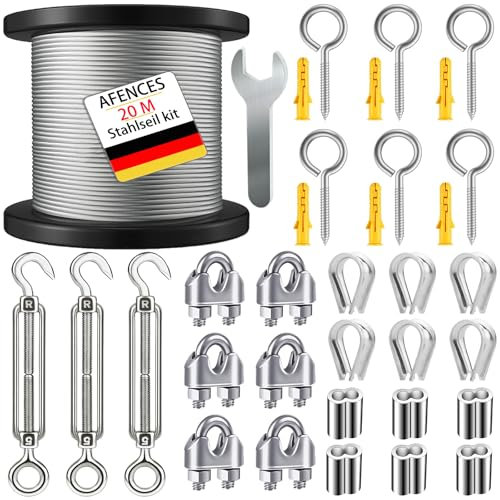 20m Edelstahlseil 3mm Ummantelt + M5 Spannsystem mit Ösenhaken | Wetterfestes Drahtseil für Pflanzenranken, Deko & Wäschetrocknung (3mm 20m Edelstahlseil)