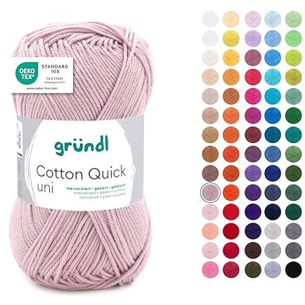 Gründl Wolle Cotton Quick uni - dünne Wolle zum Häkeln - Strickgarn - Häkelgarn - Glänzend und hautfreundlich - 100% Baumwolle - 1 Knäuel 50 g / 125 m - Nadelstärke 3-4 - rosenquarz