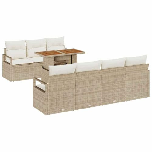 vidaXL Garten-Sofa Set mit Kissen – Modular Outdoor-Sitzgruppe in Beige aus Poly-Rattan und Akazienholz, Tisch für 6 Personen, perfekte Möbel für Terrasse und Garten