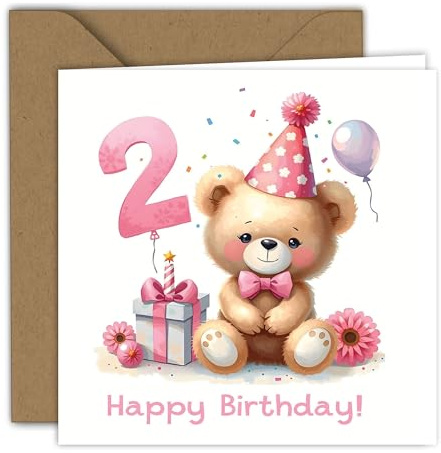 Glückwunschkarte zum 2. Geburtstag für Mädchen - Süßer Bär mit Partyhut & Geschenk - | Klappkarte (15x15cm) - mit Kraftumschlag - Innenseite blanko