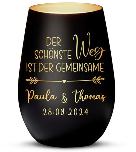 Love Faith - Gemeinsamer Weg - Personalisiertes Windlicht als Geschenk zur Hochzeit und für Paare - schwarz & Gold, mattiertes Glas