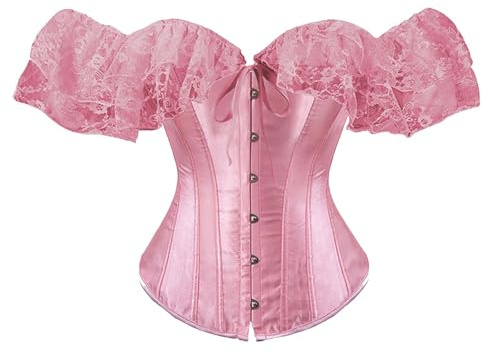Women Sexy Basque Off Shoulder Lace up Boned Bustier Overbust Corset Tops with Cap Sleeve (A1-Pink, 6XL)