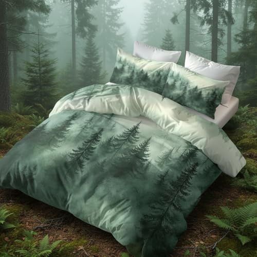 Nebelwald Bettwäsche 135x200 Bügelfreie - Dunkelgrün Natur Wald Muster, Renforce Wendebettwäsche Bettbezug 2er Set Cozy Mikrofaser Mit Reißverschluss, 1 Kissenbezug, Geschenk Nebelwald LS2394
