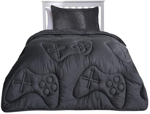 OHS Coverless Duvet Double 7.5 Tog, Soft Warm Microfibre Gaming Quilted Comfortable Summer Coverless Duvet Lightweight Washable Double Bed Duvets with Pillowcases, Charcoal Grey