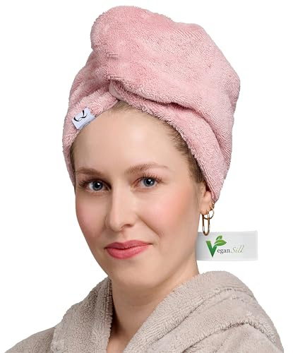 Qupro Haarturban aus Veganer Seide - Turban Handtuch mit Knopf & Gummiloop | Haar-Handtuch mit veganer Seide & Baumwolle - idealer Schutz für lange Haare und Locken I Turban Handtuch Haare I Hair Towel
