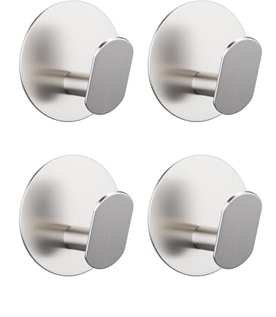 Adurei Ganchos Adhesivos para Pared Redondo 4 Piezas Ganchos Toalleros de Autoadhesivo Acero Inoxidable Extrafuerte Ganchos Colgador Sin Taladro para Baño Cocina Albornoz Trapos, Plata