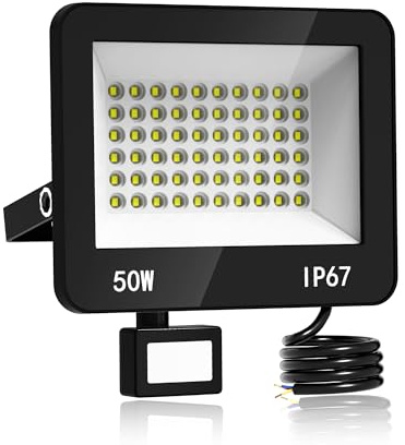 HAPYLUMI LED Strahler Mit Bewegungsmelder Außen, 50W 5000LM LED Scheinwerfer 220-240V, 6500K Kaltweiß Aussenstrahler Fluter, IP67 Wasserdicht Außenlampe für Garage Einfahrt Garten Hof