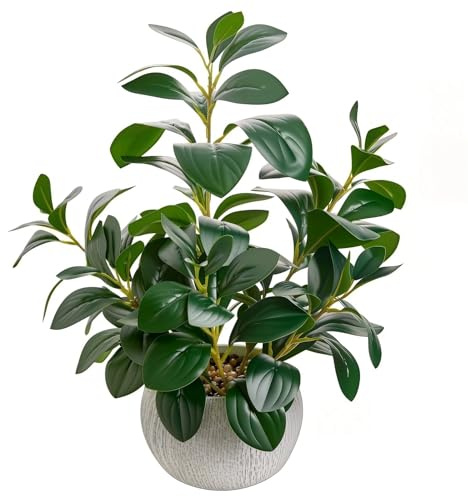 AlphaAcc 17.8 Inch Artificial Ficus Plant Potted Faux Greenery in Gray Round Vertical Striped Cement Planter with Pebbles Realistic Fake Plant for Indoor Modern Home Kitchen Living Room Office Decor