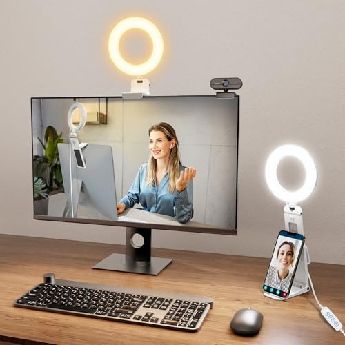 Evershop Ring Light Laptop Desk Video Calls Lamp, 5 Light Ring Stand Led Lights for Webcam Computer Monitor Phone, Selfie Flash 360° Rotatable RingLight for Video Conference/Streaming/Zoom(White)
