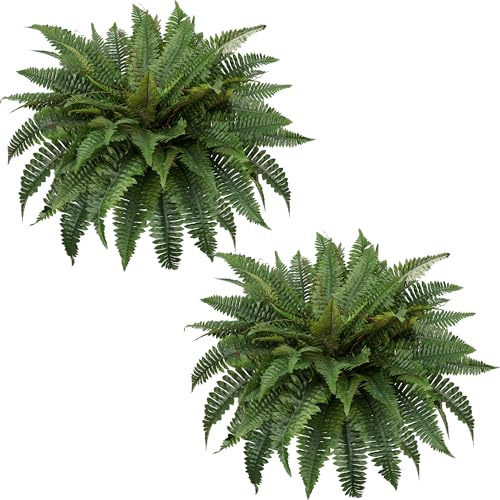 MixcMax Artificial Boston Fern Plants, Large Artificial Plants Outdoor 2 Pack Plastic Evergreen Shrubs UV Resistant Planters for Front Door Garden Indoor Home Decor (58 leaves)