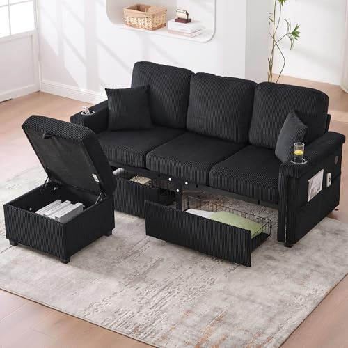 Jaxenor Sofa 4 Sitzer mit Stauraum-Fußteil, Couch mit LED-Beleuchtung & USB-C-Port, Ecksofa mit Getränkehaltern und Seitentaschen, Cord-Sofa für Wohnzimmer, Schlafzimmer oder Büro, Schwarz