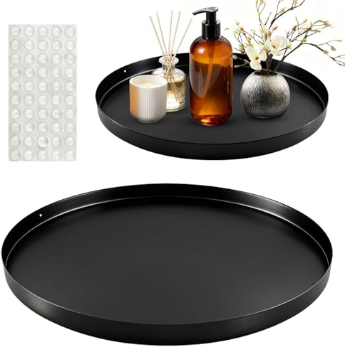 xianzhanEU Deko Tablett, 25 cm/30 cm, aus Metall, Rund, Schwarz, 2 STK | Dekoteller mit 10 Anti Rutsch für Speisen, Getränke, Kosmetik in Wohnzimmer, Bad, Bar & Restaurant