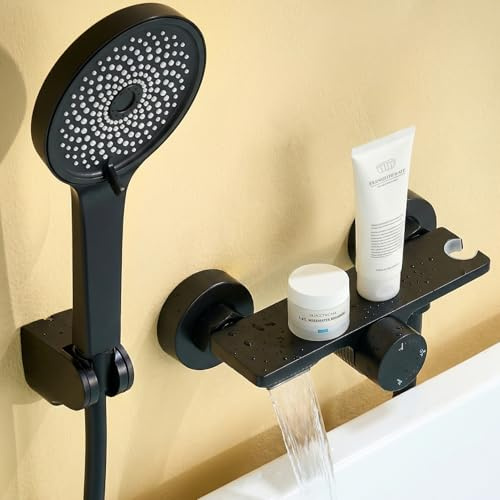 Auralum Badewannenarmatur mit Duschbrause, Duscharmatur Komplettset mit Ablage, Wasserfall Duscharmaturen, Edelstahl Schlauch und Wand Halterung, Messing Mischbatterie mit Handbrause für Bad, schwarz
