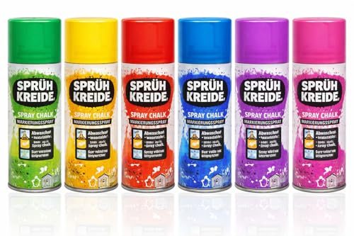 TrendandStylez Buntes Sprühkreide Set (je 100ml) | 6, 12 oder 24 Dosen | Abwaschbares Kreidespray für Kinder & Party | Temporäres Markierungsspray für Auto, Straße & Deko (6 Stück Bunt)