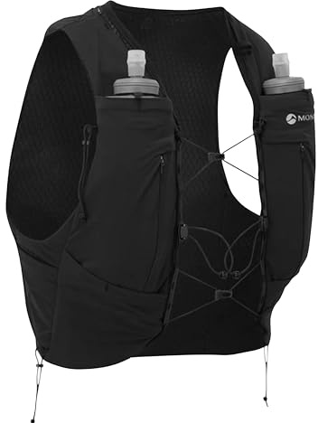 Montane Gecko VP 5+ Running Vest, Lightweight, with 2x 500ml Soft Flasks, BOUNCE CONTROL, 85% Nylon, 15% Elastane, 202g, Trail Running (Black, M)