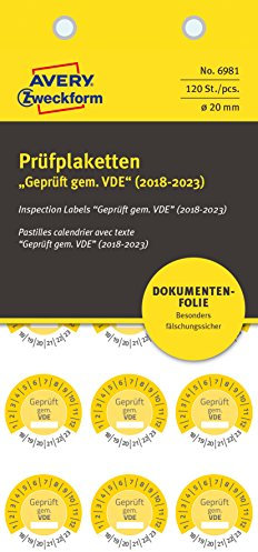 AVERY Zweckform 6981 fälschungssichere Prüfplaketten 2018-2023 (stark selbstklebend, Kleinformat, Ø 20 mm, 120 Aufkleber auf 8 Blatt, handbeschriftbare Klebefolie zur Inventarkennzeichnung) gelb