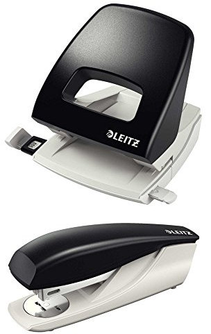 Leitz NeXXt Series Bürolocher 5005, 25 Blatt, Anschlagschiene mit Formatvorgaben, Metall, Nexxt mit Leitz Heftgerät 5500 30 Blatt (schwarz mit Heftgerät)