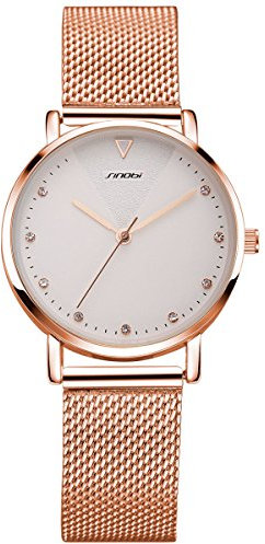 Alienwork Orologio Donna Oro rosa Cinturino in Maglia Metallo Bianco Strass Brillanti Elegante