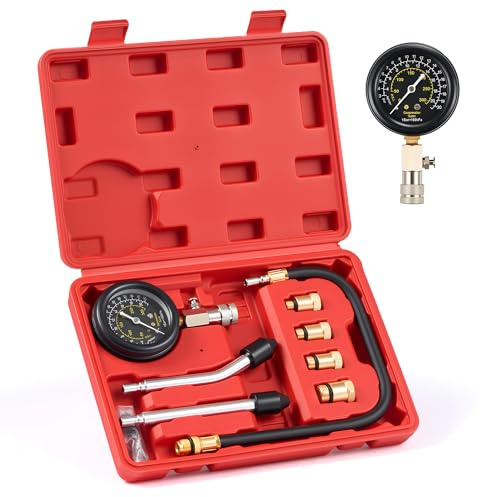 OMT 8-teilig Kompressionsmessgerät Benzin, Prüfer Mit Manometer Bis 20 Bar | Robuster Kompressionsprüfer Mit Stoßfestem Gummi, Für Zylinderdruckmessung Bei Motorrad & PKW, Koffer Für Heimwerker