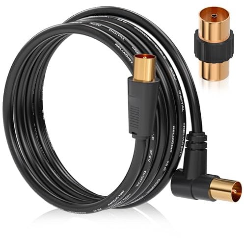 RELIAGINT Cavo per antenna TV flessibile ad angolo retto, 5 m, colore nero, con adattatore di prolunga extra lungo, conduttore in rame a lunghezza intera, bassa perdita per banda larga, 5 metri