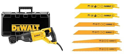 DEWALT Scie Sabre Électrique avec Vitesse Variable et Coffret de Transport + DEWALT Lame pour Scies Sabre, Argent, Set de 6 Pièces