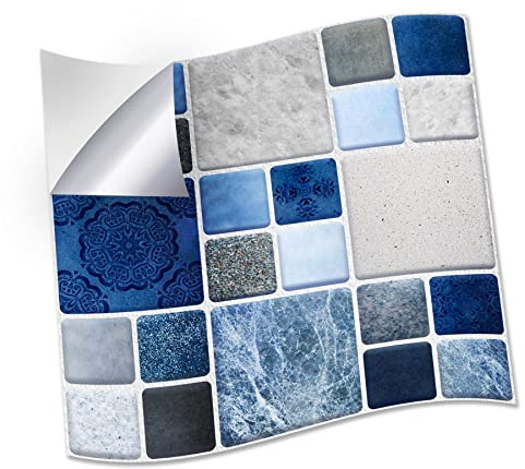 WALPLUS Lot de 72 autocollants muraux en mosaïque bleu et gris - 15 x 15 cm - Pour carrelage mural de cuisine et de salle de bain