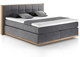 Mivano Levana Boxspringbett mit Sockel aus Eiche, 7-Zonen-Federkern, Matratzen H4 + Topper Premium, Mikrofaser, Dunkelgrau, Liegefläche 180 x 200 cm